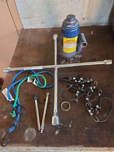 lot 170 image: Central Hydraulics 8-Ton Bottle Jack with Lug Wrench, Tire Gauge, and Bungee Cord Set