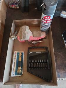 lot 174 image: Sears Bench Vise with Ace Drill Index, Brass Hose Nozzle, and Rust Stop Spray Paint
