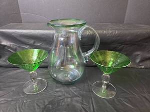 lot 280 image: Green Glass Cocktail Set with Pitcher and Glasses