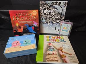 lot 299 image: Craft Activity Bundle - Origami, Coloring, Sewing, and Crochet Books with Gel Pens