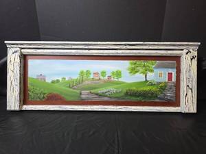lot 320 image: Framed Country Landscape Acrylic Medium Painting with Colonial Houses, Painted by Misty Farmer of Wichita Ks, Oct. 2014