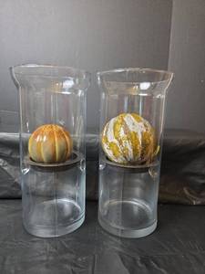 lot 372 image: Glass Hurricane Candle Holders with Decorative Orbs
