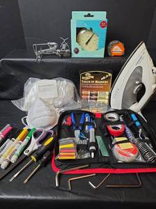 lot 386 image: Mixed Tool and Supply Lot with Steam Iron, Measuring Tools, and Accessories