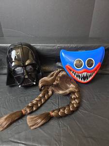 lot 483 image: Halloween Costume Bundle Masks and Braided Hair Wig