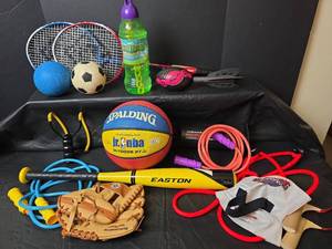 lot 496 image: Mixed Sports Equipment with Basketball, Baseball Glove, Tennis Rackets and More