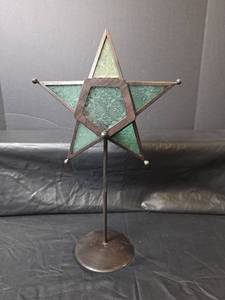lot 526 image: Decorative Metal Star Candle Lantern with Green Glass Panels
