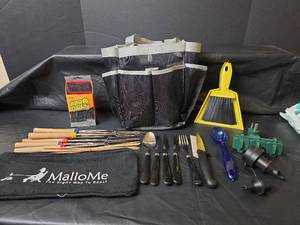 lot 570 image: MalloMe Roasting Sticks Set with BBQ Daddy Grill Scouring Pads and Assorted Camping Supplies