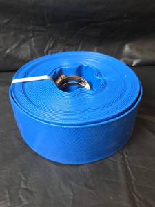 lot 586 image: Blue PVC Layflat Water Discharge Hose with Clamps