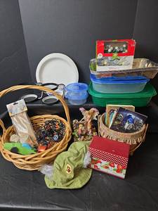 lot 597 image: Mixed Household Lot with Angel Figurine, Holiday Lights, Storage Containers, Wicker Basket and More