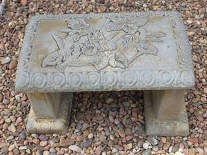 lot 71 image: Concrete Garden Bench with Hummingbird and Floral Relief (3pc)