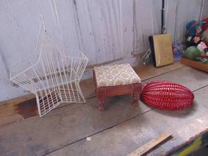 lot 1625 image: Foot Stool - Wire Basket - Red Wall Pocket