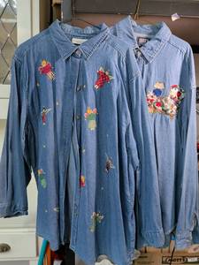 lot 179 image: Victoria Jones Womens Embroidered Denim Shirts - Holiday Angel and Tea Service Designs Size 22 and 24