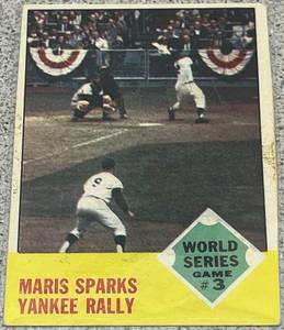 lot 128 image: 1963 Topps Baseball Card #144 - World Series Game 3 Roger Maris Yankees