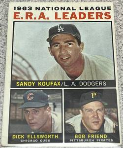 lot 136 image: 1964 Topps Baseball Card #1 - NL ERA Leaders Sandy Koufax