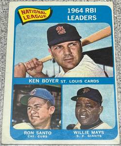 lot 155 image: 1965 Topps Baseball Card #6 - NL RBI Leaders Boyer Mays Santo