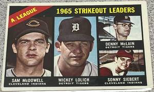 lot 169 image: 1966 Topps Baseball Card #226 - AL Strikeout Leaders McDowell Lolich McClain Siebert