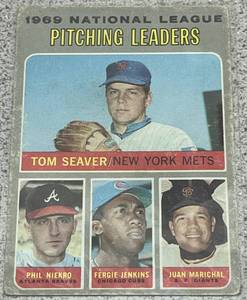 lot 211 image: 1970 Topps Baseball Card #69 - NL Pitching Leaders Seaver Niekro Jenkins Marichal
