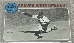 lot 213 image: 1970 Topps Baseball Card #195 - Tom Seaver Wins Opener NL Playoff Game 1