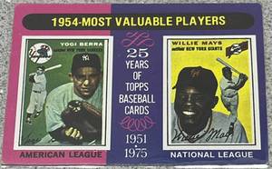 lot 231 image: 1975 Topps Baseball Card #192  - 1954 Most Valuable Players Yogi Berra Willie Mays
