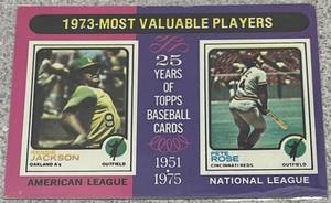 lot 232 image: 1975 Topps Baseball Card #211 - 1973 Most Valuable Players Reggie Jackson Pete Rose