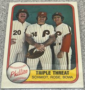 lot 348 image: 1981 Fleer Baseball Card No Number - Triple Threat Schmidt Rose Bowa