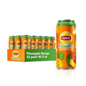 lot 695 image: Lipton Fusions, Pineapple Mango Lemonade Iced Tea, 16 Fl Oz Cans (Pack of 12) BB April 2026
