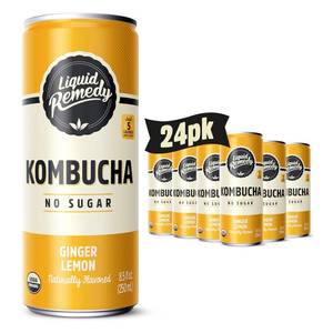 lot 717 image: Liquid Remedy Kombucha Sugar Free Organic Drink, Low Calorie, Probiotic Like Tea for Gut Health - Ginger Lemon - 8.5 Fl Oz Can, 24-Pack. BB February 2027. $46 Per Case