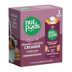 lot 739 image: Lot of 2- nutpods Coffee Cake Unsweetened Dairy-Free Creamer, Made from Almonds and Coconuts, Whole30, Keto, Gluten Free, Non-GMO, Vegan, Kosher (3-Pack) BB February 2026. 6 Total