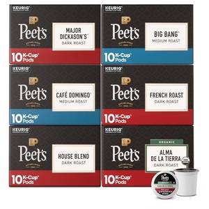 lot 806 image: Peets Coffee, Keurig K-Cup Pods Variety Pack, 100% Arabica Coffee - Major Dickasons Blend, Big Bang, French Roast, Caf  Domingo, Organic Alma De La Tierra, House Blend, 60 CT (6 Boxes of 10 Pods) BB Sept 27,2025