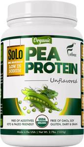 SOLO Organic Pea Protein Isolate, Low in Sodium, Canada Grown Peas, 100% Vegan, Non-GMO, Unflavored Plant Based Protein Powder with BCAA, Keto & Paleo Friendly, Easy to Digest, No Additives (2.7 lbs) BB 2028