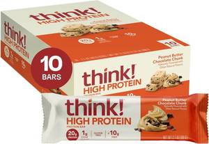 lot 914 image: think Protein Bars, High Protein Snacks, Gluten Free, High Fiber, Peanut Butter Chocolate Chunk, 10 Count JAN 26
