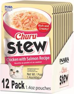 lot 922 image: INABA Churu Stew for Cats, Side Dish Pouch with Vitamin E, 1.4 Ounces per Pouch, 12 Pouches, Chicken with Salmon Recipe BB 42626