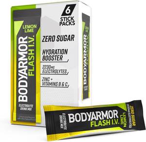 lot 929 image: Lot of 2, BODYARMOR Flash I.V. Electrolyte Packets, Lemon Lime, Zero Sugar Drink Mix, Single Serve Packs, Coconut Water Powder, Hydration for Workout, Travel Essential, Just Add Sticks to Liquid (6 Count)