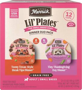 lot 987 image: Merrick Lil  Plates Grain Free Dinner Duos Soft Natural Wet Small Dog Food Variety Pack, Beef and Turkey - (Pack of 1) 2.6 lb. Tubs BB DEC 2026