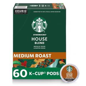 lot 1000 image: Starbucks K-Cup Coffee Pods, Medium Roast Coffee, House Blend for Keurig Brewers, 100% Arabica, 6 boxes (60 pods total)BB March 8, 2026