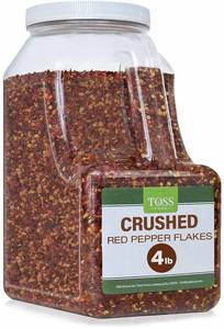lot 1054 image: TOSS Crushed Red Pepper Flakes, Red Chili Bulk Spice 4 LB Container, Hot Pepper Flakes For Pizza Seasoning, Great for Chowder, Seafood, Pasta Seasonings and Spices for Cooking. BB2629