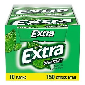 lot 1076 image: Extra Gum Spearmint Sugar-Free Chewing Gum, 15 Pieces Per Pack, 10 pk. BB JAN 2026