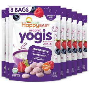 lot 1130 image: Happy Baby Organic Yogis Freeze-Dried Yogurt & Fruit Snacks, Mixed Berry, 1-Ounce Pouches (Pack of 7) BB 12112025