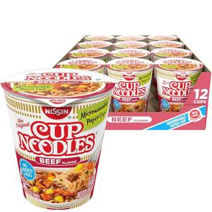 lot 1136 image: Nissin Cup Noodles Soup, Beef Flavor, Microwaveable Paper Cups, Instant Ramen, 2.25 Ounce (Pack of 12) BB 6226