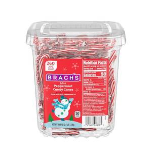 lot 1152 image: Brachs Mini Peppermint Candy Canes, Christmas Candy, Stocking Stuffers, Holiday Classic, 260ct, 40 oz Tub BB April 2028