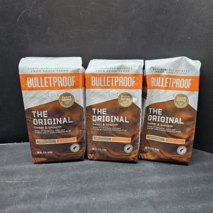 lot 1160 image: Lot of 3, Bulletproof Original Medium Roast Ground Coffee,Sweet & Smooth. Notes of cinnamon, plum and orange with a cocoa hazelnut finish. BB 3152025