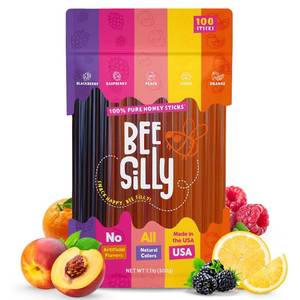 lot 1168 image: Bee Silly Flavored Honey Sticks - USDA Grade Single Serve Straws, Only 15 Calories Each - Pure Natural Ingredients, No Artificial Colors or Additives - Portable Energy Snack for Kids (100 pack, Variety Pack Lemon, Orange, Raspberry, Blackberry, Peach) 2
