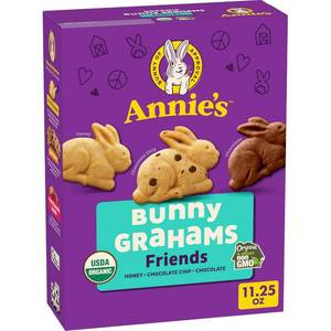 lot 1193 image: Annies Organic Friends Bunny Grahams, Chocolate Chip, Chocolate, and Honey Baked Graham Snacks, 11.25 oz BB Oct 2026