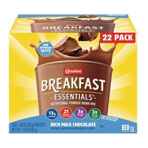 lot 1224 image: Carnation Breakfast Essentials Powder Drink Mix, Rich Milk Chocolate, 22 Count Box of 1.26 Ounce Packets BB FEB 18, 2026