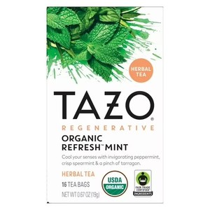 lot 1243 image: TAZO Regenerative Organic REFRESH  Mint Herbal Tea Bags, 13 Count Box BB 52027