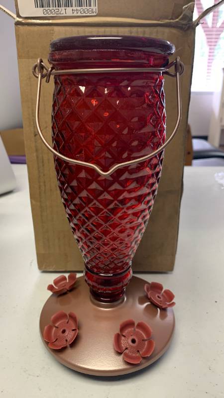 lot 16 image: Perky-Pet Diamond Wine Top Fill Glass Hummingbird Feeder with Built-in Bee Guards - Outdoor Garden D�cor - 24 Oz Nectar Capacity - 9102-1SR - Red Humming bird Feeder - Easy to Fill, Easy to Clean