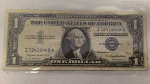 lot 13 image: One dollar silver certificate Blue Seal Series 1957 A - Serial Number I72416448A