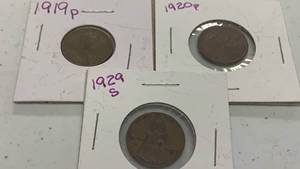 lot 31 image: Lot of 3 Lincoln Wheat Penny One Cent Coins - 1929-S 1919 1920 RC50