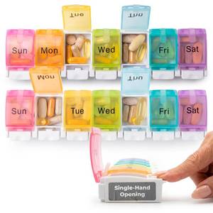lot 261 image: PERFORMORE 2 Pack of Portable Weekly 7-Day Pill Organizer, Travel Medicine Box, Rainbow Color, BPA Free with Easy Push Button Design Case Holder for Pills, Vitamin, Supplements and Medicine - Retail $9
