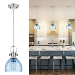 lot 267 image: Audickic Pendant Lights Kitchen Island, 7.5 Farmhouse Pendant Lighting with Blue Seeded Glass Shade, Vintage Hanging Light Fixtures for Dining Room, Brushed Nickel Finish, AD-22151-1P-SN-BL - Retail $46